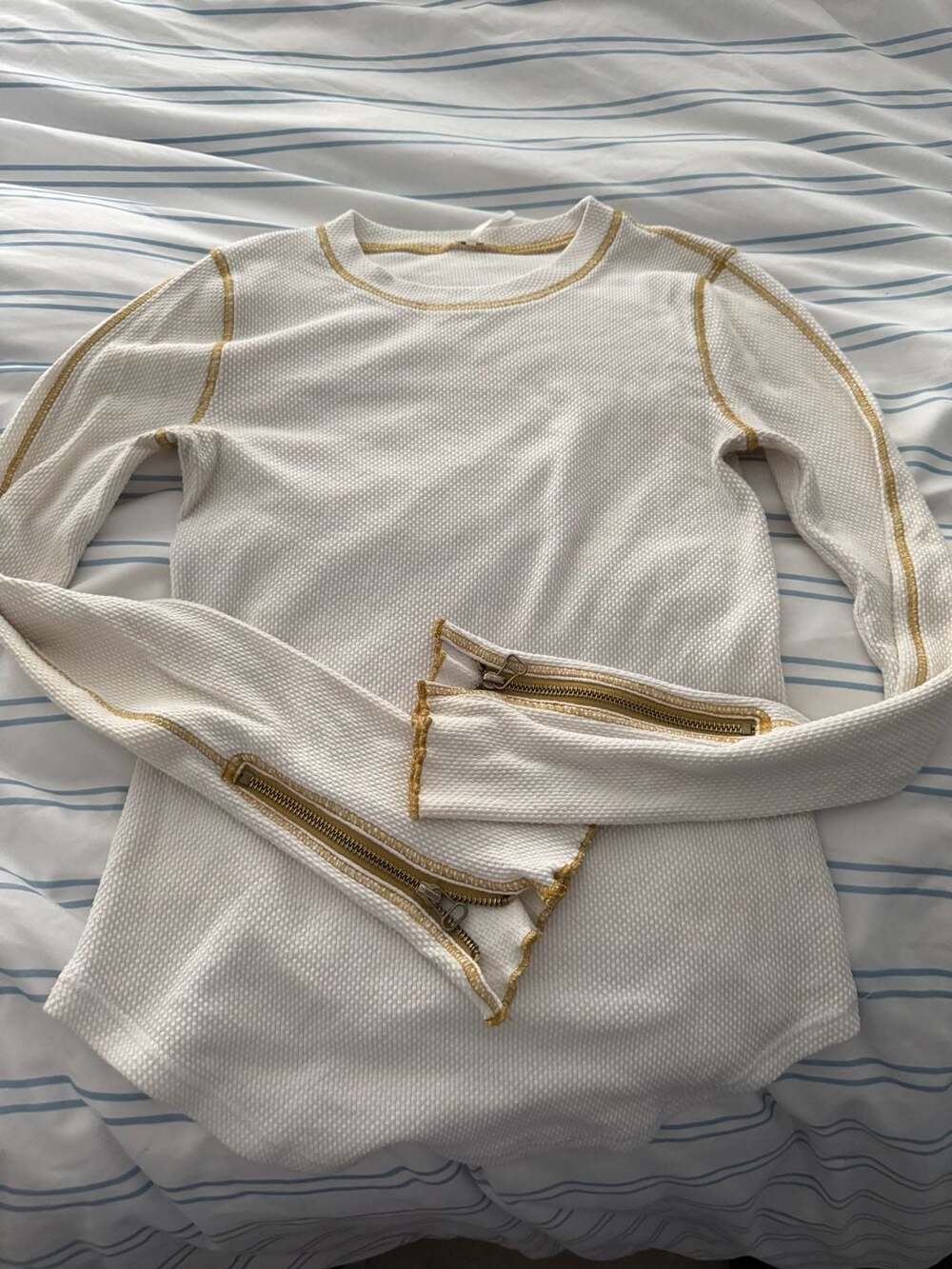 Free People Zip It Waffle Thermal Zipper Cuff Top White Gold Stitch Long Sleeve